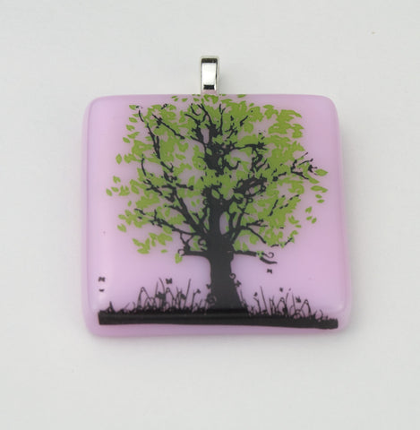 Fused Glass - Green Leaf Tree Pendant