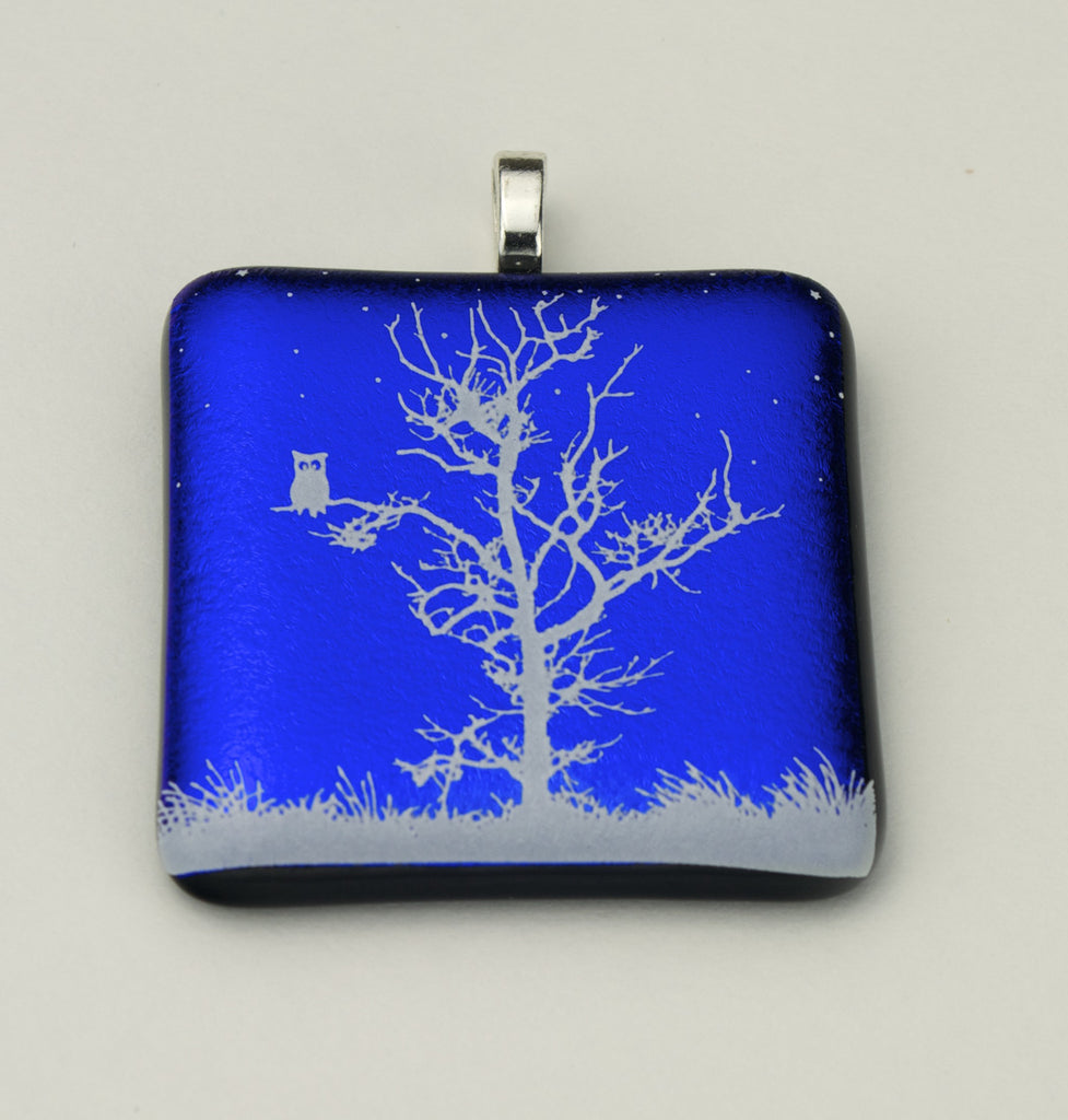 Fused Glass - Winter White Tree with an Owl Pendant