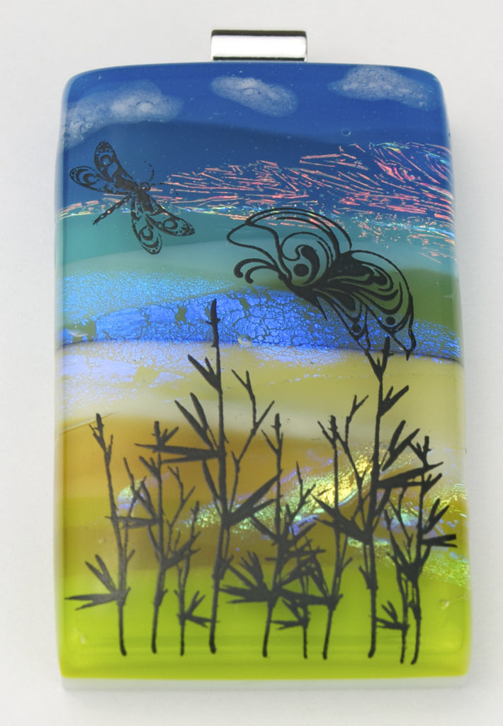 Fused Glass Pendant - Butterflies Amid Grass Reeds