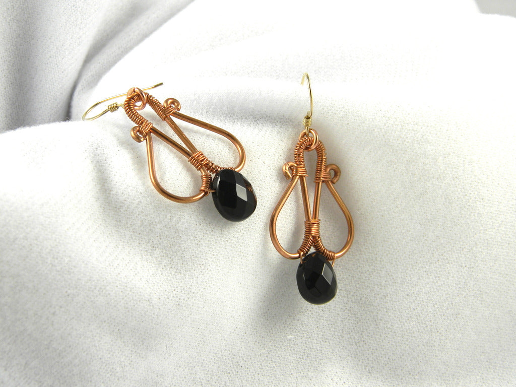 Copper Wire Wrapped Earrings with Onyx- SOLD